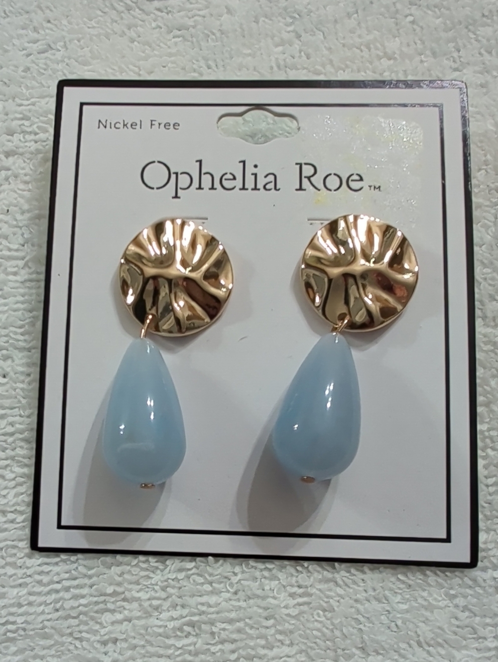 NWT Ophelia Roe Drop Earrings Light Blue Teardrop Pendants With Gole Tone